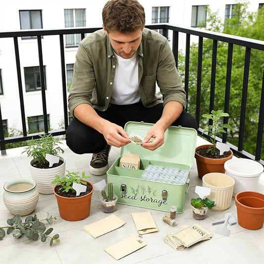 TINSKY Seed Storage Organizer Metal Seed Box with Lid and Locks Seed Saving Bank with 60 Seed Bottles, 30 Plant Labels and 60 Seed Envelopes, 3 Compartments, Suitable for Garden Floweren