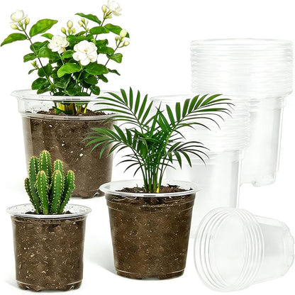 JOPY Plant Nursery Pots with Humidity Dome Seed Starter Pots Seedlings Planting Pots Small Planter Containers with Drainage Holes (Transparent, 5/6/7 inch-30Pcs)