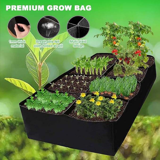 Longzhuo Grow Bags, 1 Pack Rectangular (6x3x1 Ft) 8 Grids - Breathable Reusable Planting Bags, Fabric Garden Bed for Growing Herbs, Flowers, Vegetables, Other Plants