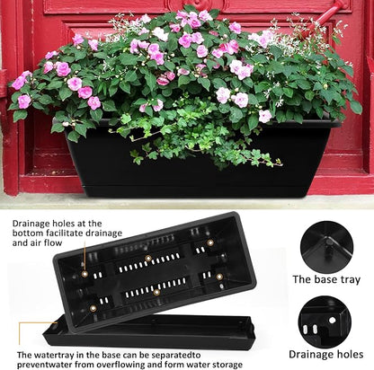 8pcs Window Box Planter,17 Inches Flower Window Boxes,Rectangle Planters Box with Drainage Holes and Trays, Plastic Vegetable Planters for Windowsill Patio Garden Home Decor Porch Yard (Black)