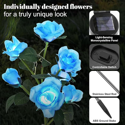 Solar Rose Lights Outdoor, 2 Pack with 14 Rose Flowers Waterproof Color Changing LED Flower Lights, Solar Powered Garden Stakes for Yard, Patio, Pathway Decor - Artificial Floral Decorative Lighting