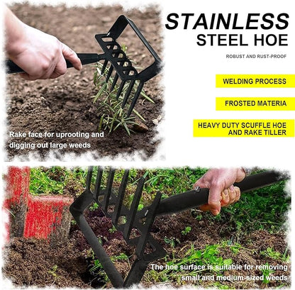 8-Tines Rake and Stirrup Hoe - Adjustable Long Handle Scuffle Loop Action Hoe for Weeding, Digging, Loosening Soil, Stainless Steel Tiller Cultivator for Gardening, Raised Flower Beds Planting.