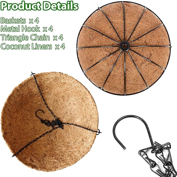 Hanging Baskets Planter for Plants - 4 Pack 10 Inch Metal Baskets with Coco Coir Liner, Hanging Flower Pots for Outside with Chain, Indoor Outdoor Garden Porch Decoration (10'' Pack of 4)
