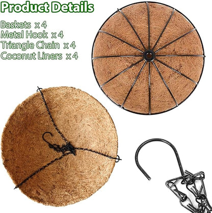 Hanging Baskets Planter for Plants - 4 Pack 10 Inch Metal Baskets with Coco Coir Liner, Hanging Flower Pots for Outside with Chain, Indoor Outdoor Garden Porch Decoration (10'' Pack of 4)