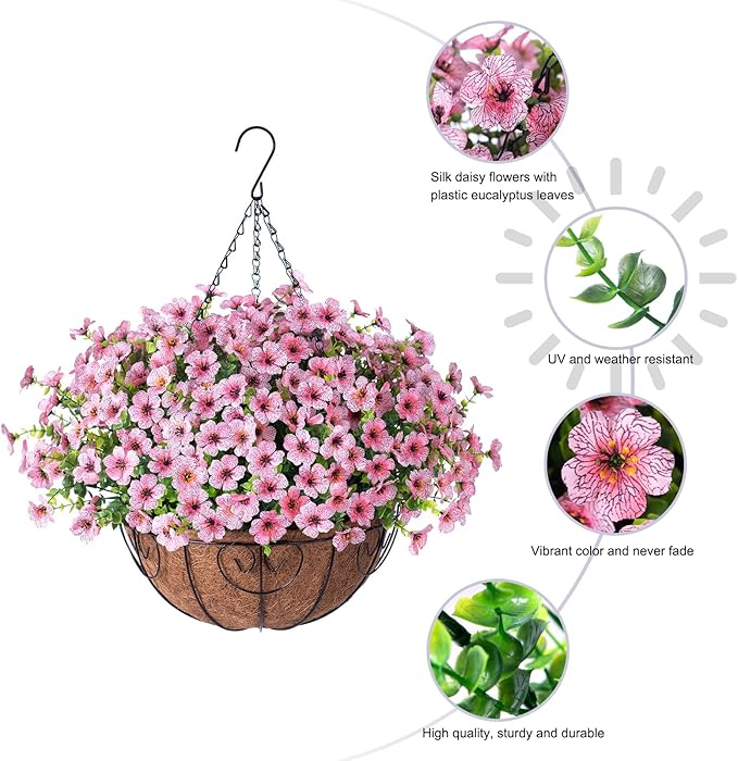 HyeFlora Artificial Fake Hanging Plants Flowers with Basket Outdoor Spring Decor, Faux Silk Pink Daisy in Pot Planter Realistic UV Resistant for Porch Home Indoor Patio Balcony Garden Yard