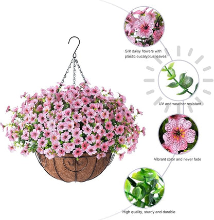 HyeFlora Artificial Fake Hanging Plants Flowers with Basket Outdoor Spring Decor, Faux Silk Pink Daisy in Pot Planter Realistic UV Resistant for Porch Home Indoor Patio Balcony Garden Yard