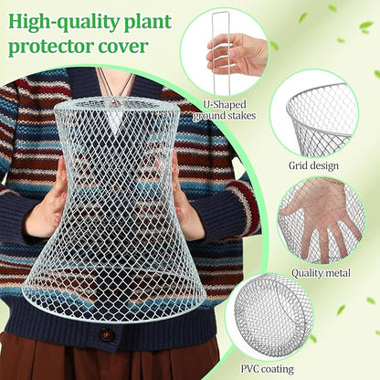 Therwen 6 Pcs Large Chicken Wire Cloche Plant Protector Cover 11x12 Inch Metal Garden Cloche Dome for Plants Wire Protection Basket with Garden Stakes Plant Cages from Animals (Silver)