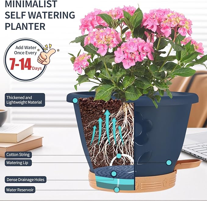 Plastic Plant Pots 10 Inch Set of 4, Self Watering Pots with Drainage Holes, Saucer & Reservoir, Flower Pots for Indoor/Outdoor Plants, Decorative Nursery Planting Pots (Blue)