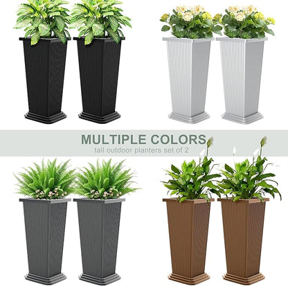 Set of 2 Large Planters for Outdoor Plants 24" Tall Tapered Modern Flower Pots with Drainage Tray for Garden, Patio, Porch (Brown Ribbed)