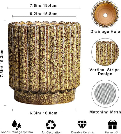 Ceramic Planter - 7.6 Inch Ceramic Plant Pots Indoor, Round Flower Pots with Drainage Hole, Fluted Decorative Outdoor Planters, Office Home Decor, Plant Lover Gifts, Yellow