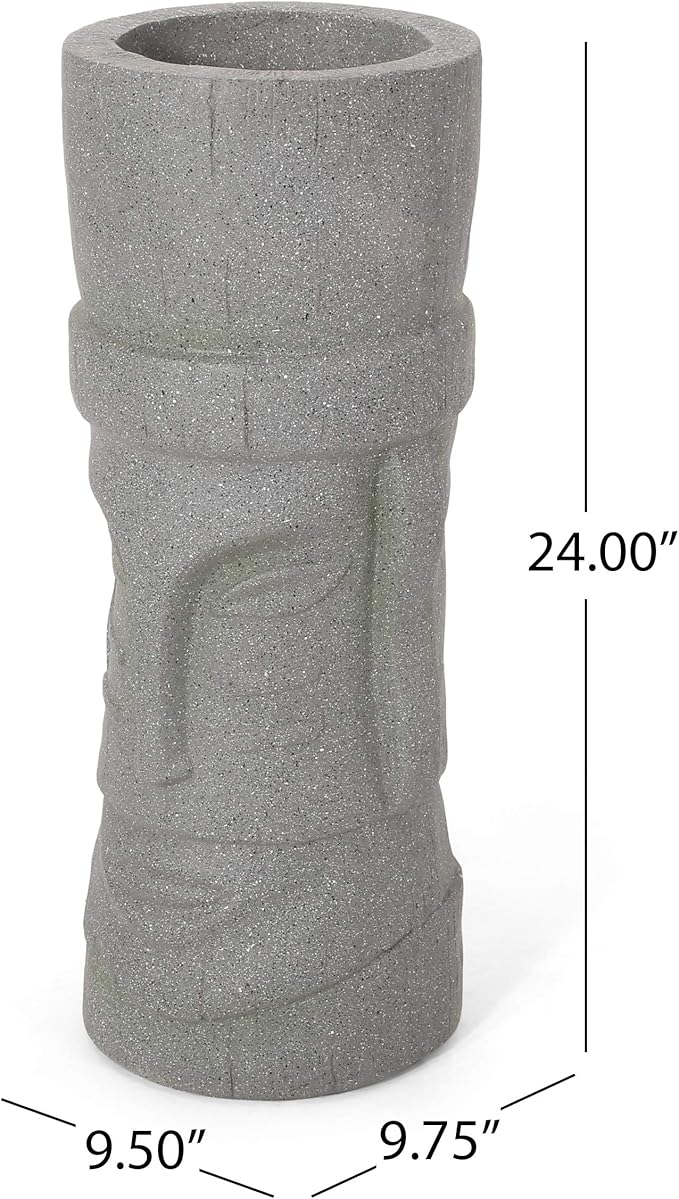 Christopher Knight Home Jorine Lightweight Concrete Planter, Cast Stone Planter, Moai Design Urn, Tall Plant Pot, Easter Island Garden Pot with Drainage Hole for Backyard Hall Garden, Stone Gray