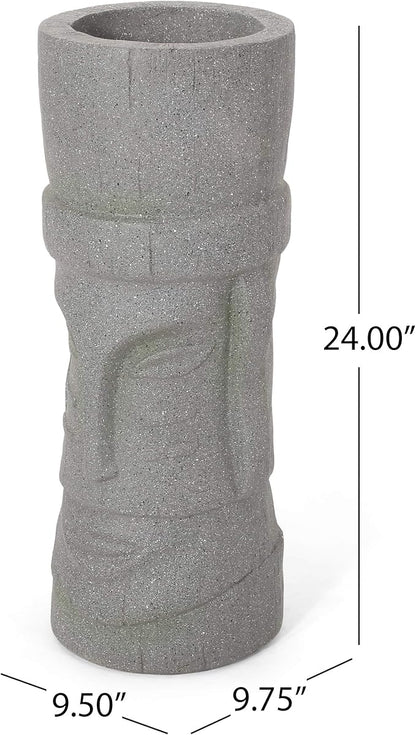 Christopher Knight Home Jorine Lightweight Concrete Planter, Cast Stone Planter, Moai Design Urn, Tall Plant Pot, Easter Island Garden Pot with Drainage Hole for Backyard Hall Garden, Stone Gray