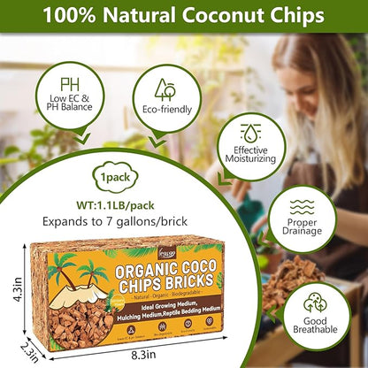 Legigo 1.1 LB Coco Coir Chips for Plants- 100% Organic Coconut Chips Brick Potting Mix with Low EC & PH Balance, Coconut Husk Substrate Coco Husk Mulch for Garden, Planting, Orchid and Soil Mix