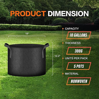 iPower 5-Pack 10 Gallon Plant Grow Bags Thickened Nonwoven Aeration Fabric Pots Heavy Duty Durable Container, Strap Handles for Garden, Black
