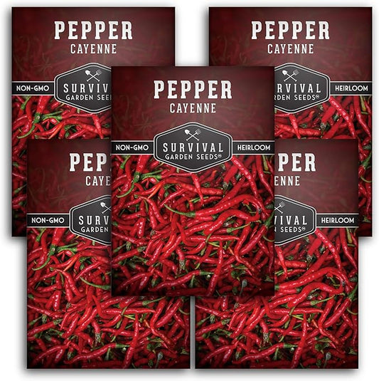 Cayenne Pepper Seeds for Planting | Hot Heirloom Non-GMO Red Peppers with 30,000–50,000 Scoville Heat – Survival Garden Seeds (5 Pack)