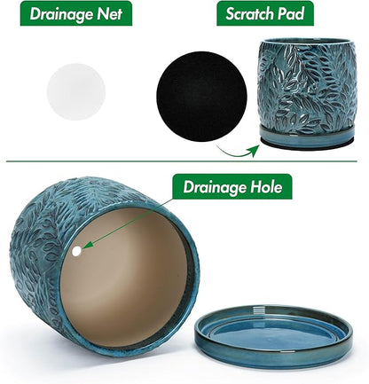 D'vine Dev 10 Inch Embossed Leaves Stoneware Planter Pot with Drainage Hole and Saucer, Ocean Teal, 27-A-P-8