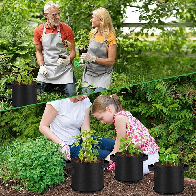 24 Sets 2 Gallon Grow Bag with Plant Saucers, Durable Aeration Fabric Pots with Handles Black Drainage Planter Bags Reusable Garden Bags Plastic Drip Trays Set for Indoor Outdoor