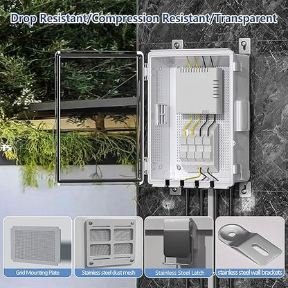 ABS Electrical Junction Box, Ventilated Design, Cable Grommets, IP65 Waterproof Enclosure, Indoor/Outdoor Use with Mounting Panel.(Clear Cover, 15"x11"x5.1")