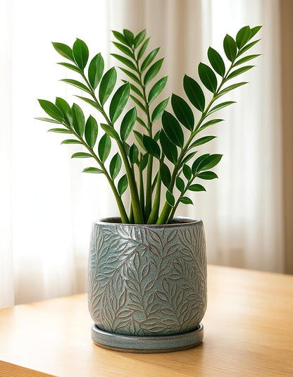 D'vine Dev 6 Inch Embossed Leaves Stoneware Planter Pot with Drainage Hole and Saucer, Graphite Blue, 27-A-X-9