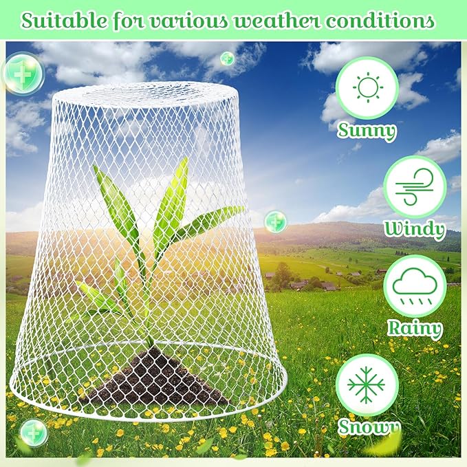 Therwen 15 Pcs Large Chicken Wire Cloche Plant Protector Cover 11x12 Inch Metal Garden Cloche Dome for Plants Wire Protection Basket with Garden Stakes Plant Cages from Animals (White)