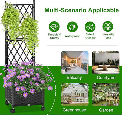 Planter with Trellis Raised Garden Beds, Trellis Planter Box Outdoor Self-Watering for Gardening, Climbing Vegetables, Flowers, Balcony Backyard Patio, Black,1PC