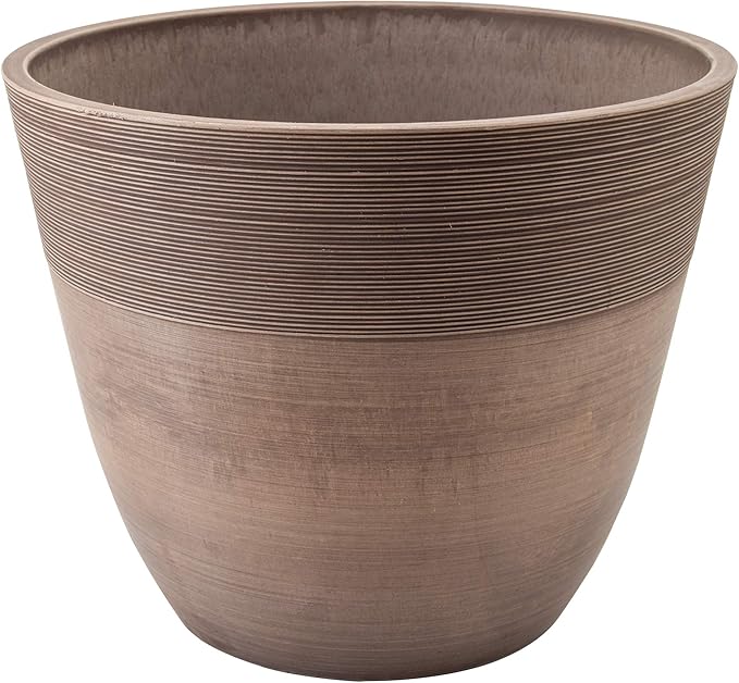 PSW Pot Collection FM40TP 16-inch Plastic/Stone/Wood Composite Large Ribbed Planter – No Drainage Hole (Drillable), Indoor/Outer Garden Pot for Foliage, Trees, Flowers, Ferns, Taupe