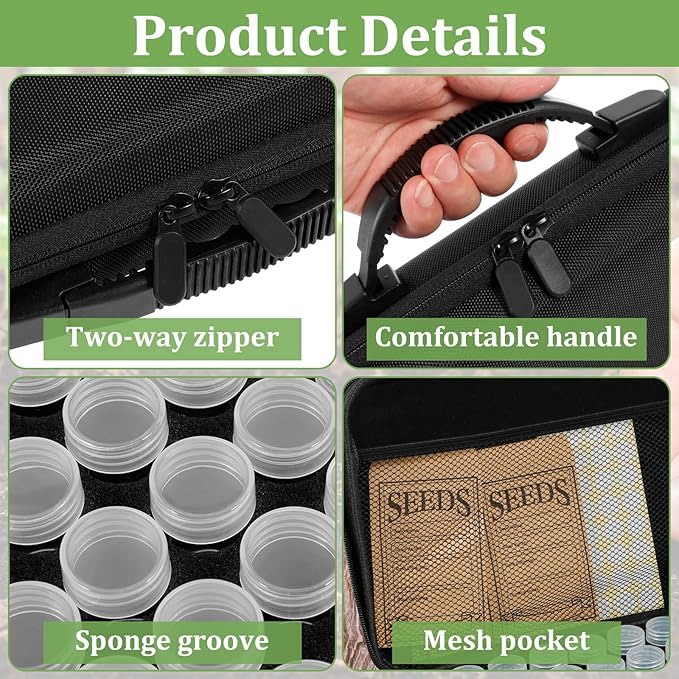 60 Slots Seed Storage Organizer Box with 7 Envelopes, 63 x Label Stickers Garden Seed Organizer with Zipper Bag Storage Container for Vegetable Flower Plants Garden (Black)