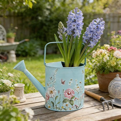 Vintage Floral Metal Watering Can for Indoor/Outdoor Plants, Blue Functional Garden Waterer with Long Spout, Garden Water Pot Rustic Decor for Home Garden Patio