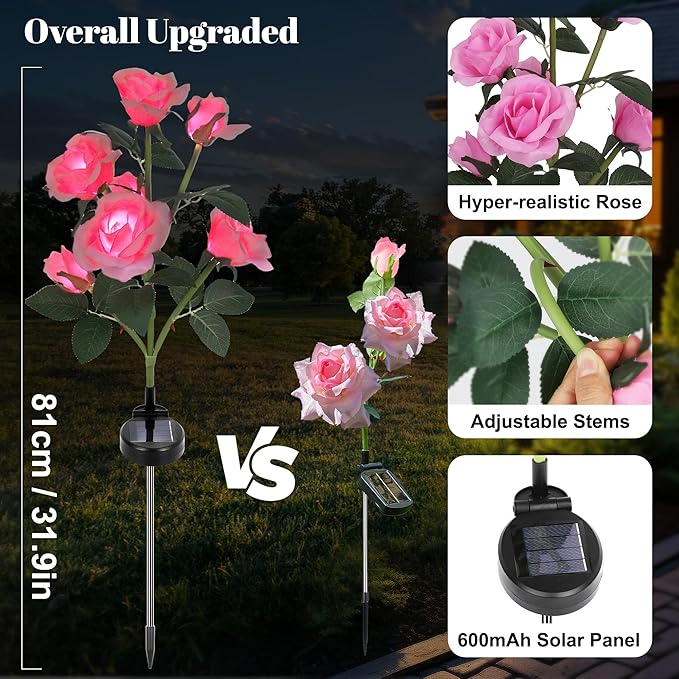Solar Rose Lights Outdoor, 2 Pack with 14 Rose Flowers Waterproof Color Changing LED Flower Lights, Solar Powered Garden Stakes for Yard, Patio, Pathway Decor - Artificial Floral Decorative Lighting