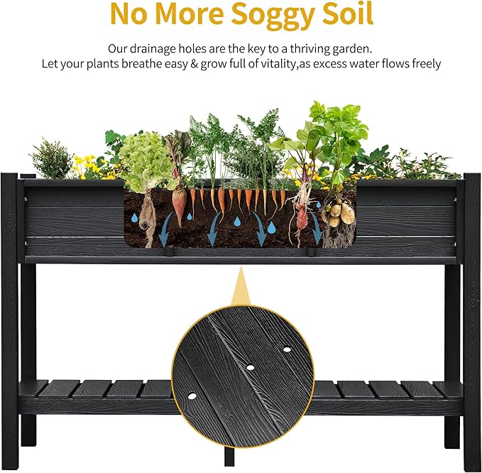 DWVO 48x18x30in Raised Garden Bed Kit, HDPE Planter Box Stand, Poly Wood Weather-Resistant Planter Box with Legs & Storage Shelf, Elevated Garden Bed for Backyard, Patio, Balcony,Black