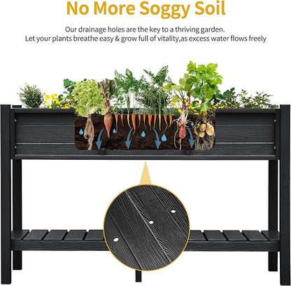 DWVO 48x18x30in Raised Garden Bed Kit, HDPE Planter Box Stand, Poly Wood Weather-Resistant Planter Box with Legs & Storage Shelf, Elevated Garden Bed for Backyard, Patio, Balcony,Black