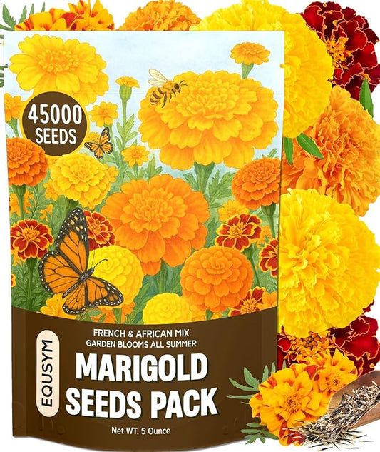 45,000+ Marigold Seeds (Cempasúchil) - Tagetes erecta & T. patula Mix, 5 oz Bulk, High Germination Rate, for Landscapes, Pollinator Beds & Fall Displays, Resealable Foil Pouch (5oz)
