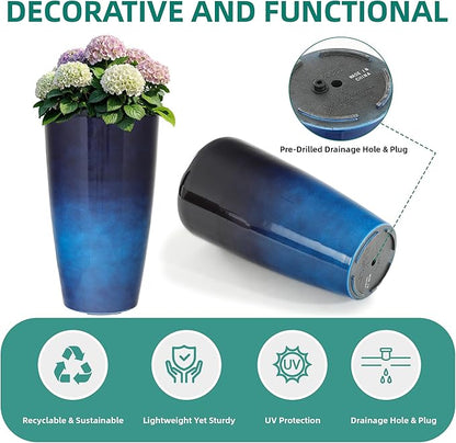 22.8" H Gradient Blue Planters for Outdoor Plants, Set of 2 Large Flower Pot with Drainage Hole, Weather-Resistant for Porch,Garden,Patio or Indoor Use