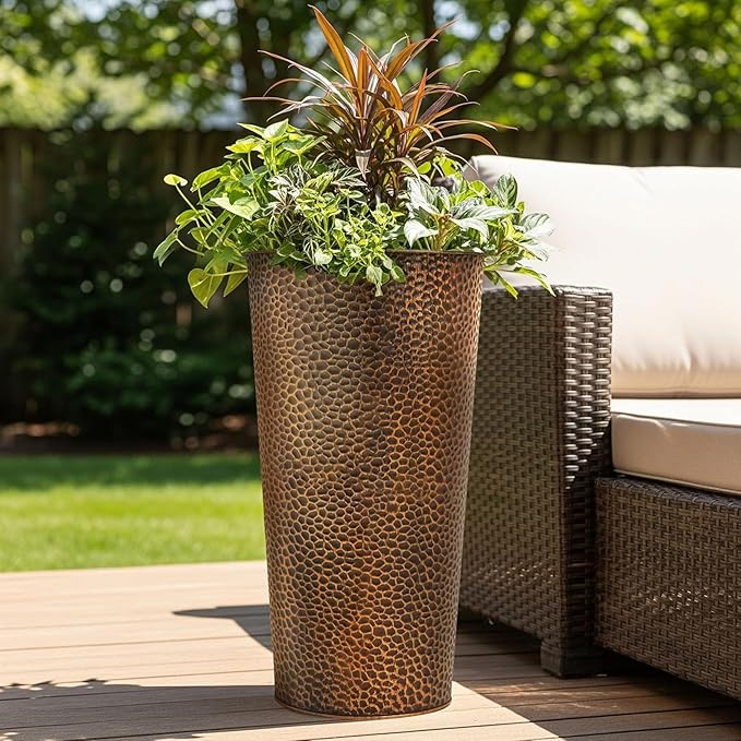 Worth 2 Pack 28" Tall Narrow Metal Planter with Inside Pot for Indoors or Outdoors, Deck, Patio or Front Porch, Hand-Hammered Texture, Bronze