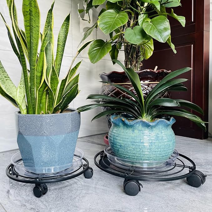 5 Packs 13.5" Metal Plant Caddy with Wheels Large Rolling Plant Stands Indoor Wheeled Plant Dolly Heavy-duty Planter Mover Roller Base Outdoor GardenTrolley Cart Water-proof, Plant Saucers on Wheels
