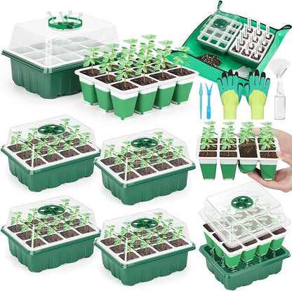 Reusable Silicone Seed Starter Tray, 60 Cells Seed Starter Kit with Humidity Adjustable Dome and Lid, Plant Germination Trays with Repotting Mat 5 Packs Germination Kit for Seeds Grow Starting