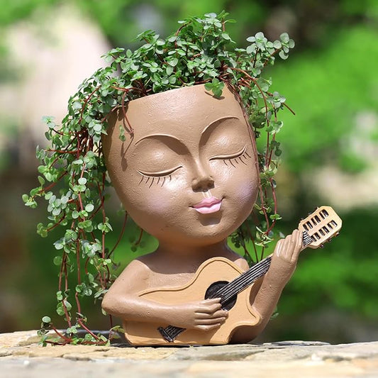 Face Planter Pot, Cute Girl Playing Guitar Head Planter for Indoor Plants, Unique Resin Succulent Pots with Drainage, Creative Music Lover Gifts for Guitarist Women Mom (Brown)