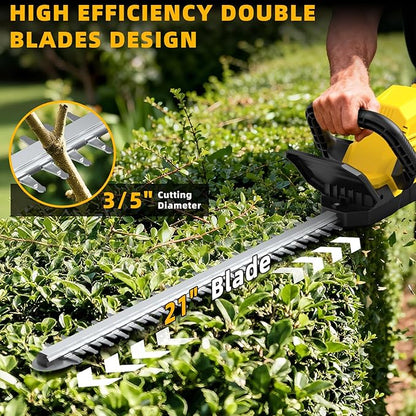 21" Cordless Hedge Trimmer - 21V Portable Electric Bush Trimmer with 2 x 4.0Ah Batteries & Charger & 180° Rotatable Handle & Dual-Action Blade 3/5" Cutting Width for Garden Yard Maintenance