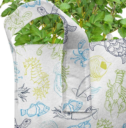 Ambesonne Under The Sea Grow Bags 5-Pack, Various Sea Creatures, Heavyduty Fabric Pots with Handles for Plants, White Green
