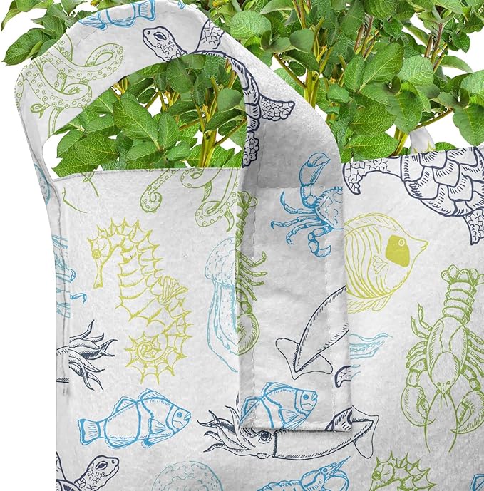 Ambesonne White Damask Grow Bags 5-Pack, Flourish Curls Strokes, Heavyduty Fabric Pots with Handles for Plants, Charcoal Grey