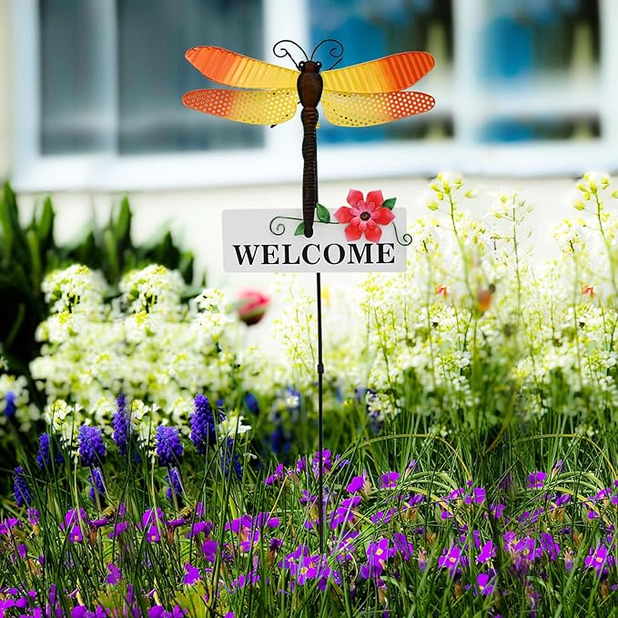 Morning View Dragonfly Garden Stakes Decorative Metal Insect Yard Stake Outdoor Spring Lawn Ornaments Yard Art Patio Pathway Flower Pot Outside 30 Inch Tall