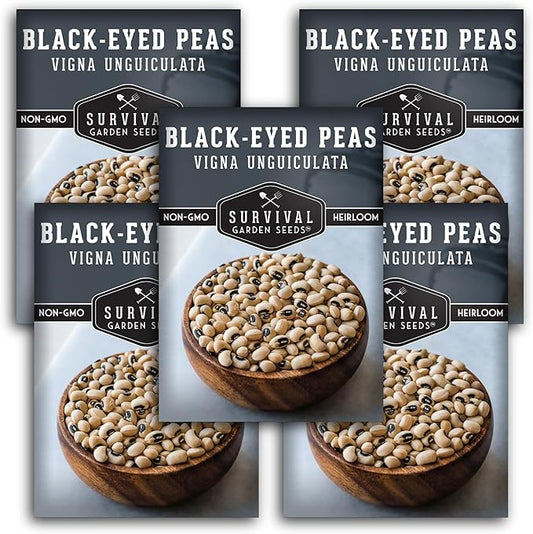 Black Eyed Pea Seeds for Planting - Heirloom Non-GMO Cowpea Variety - Drought Tolerant, High-Yield Southern Field Peas for Home Gardens and Food Independence - Survival Garden Seeds (5 Pack)