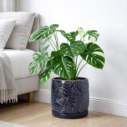 D'vine Dev 10 Inch Embossed Leaves Stoneware Planter Pot with Drainage Hole and Saucer, Midnight Blue, 27-A-P-3