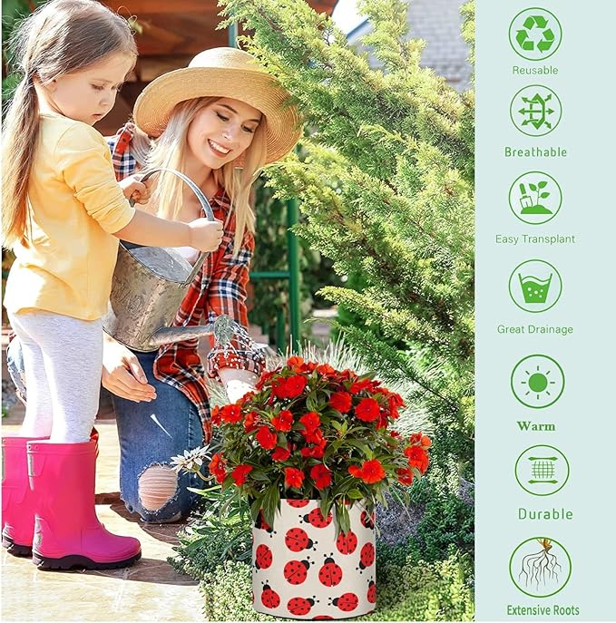 7 Gallon Cartoon Ladybug Beige Floral Breathable Potato Grow Bags Heavy Duty Planter Pot Containers with Handles for Tomato Fruits Flowers Vegetables
