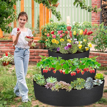 3 Tiered Strawberry Planter, Fabric Raised Garden Bed Non-Woven Laddered Planter Bag 8 Inch Deep Round Felt Planting Container for Growing Vegetables Herb Plant (3 Tiered)