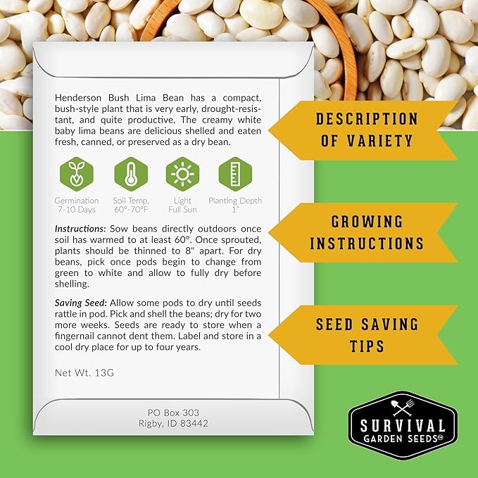 Lima Bean Seeds for Planting – Henderson Butter Bean Seeds for Gardens & Classroom Science Projects, Easy to Grow Non-GMO Heirloom Variety - Survival Garden Seeds (1 Pack)