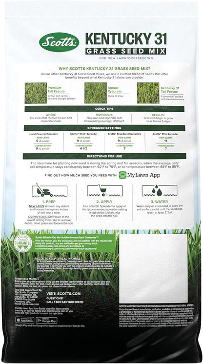 Scotts Kentucky 31 Grass Seed Mix for New Lawns or Overseeding, Grows Thicker and Greener vs. Other Kentucky 31 Mixes, Covers up to 1,750 sq. ft.