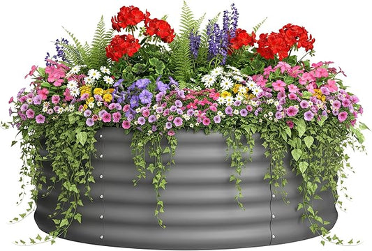 DDK Galvanized Raised Garden Bed, Round Outdoor Planter Bed, 4x4x1.5ft Metal Planter Box for Gardening and Planting,DG
