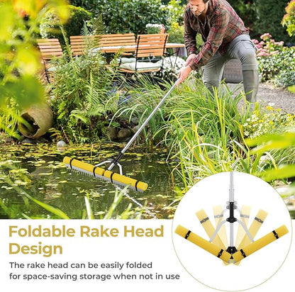 Goplus Floating Weed Lake Rake, 36" Aluminum Multifunctional Detachable Landscape Rake with Extension Handle, 20 FT Rope and Float, Weed & Algae Removal of Leaves, Floating Scum, Aquatic
