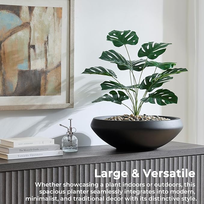 Concrete Bowl Planter, 19"Dia Large Succulent Pot with Drain Hole, Lotus Planter 16.7"Opening Flowerpot for Herbs, Bonsai, and Shallow-root Plants, Indoor & Outdoor Garden, Patio Decor, Medium-Black
